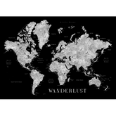 Wall Art Canvas - Wanderlust World Map with Cities - Black and White