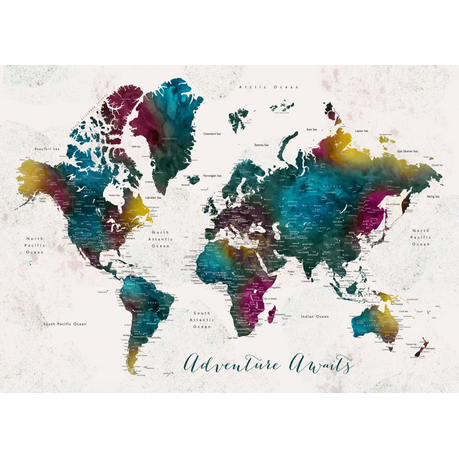 Wall Art Canvas - Adventure Awaits World Map with Cities