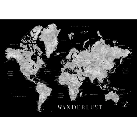Wall Art Canvas - Wanderlust World Map with Cities - Black and White