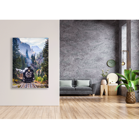 Wall Art Canvas - Steam train crossing a trestle bridge in the mountains