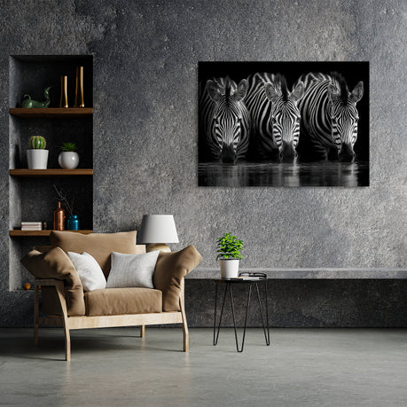 Wall Art Canvas - 3 Zebras Drinking Water at Night