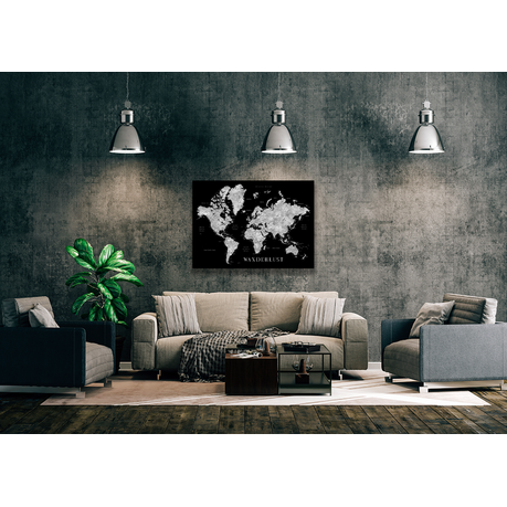 Wall Art Canvas - Wanderlust World Map with Cities - Black and White