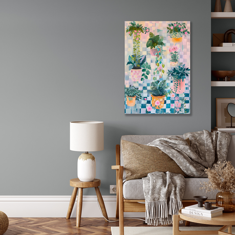 Wall Art Canvas - Pot Plants on Check Background